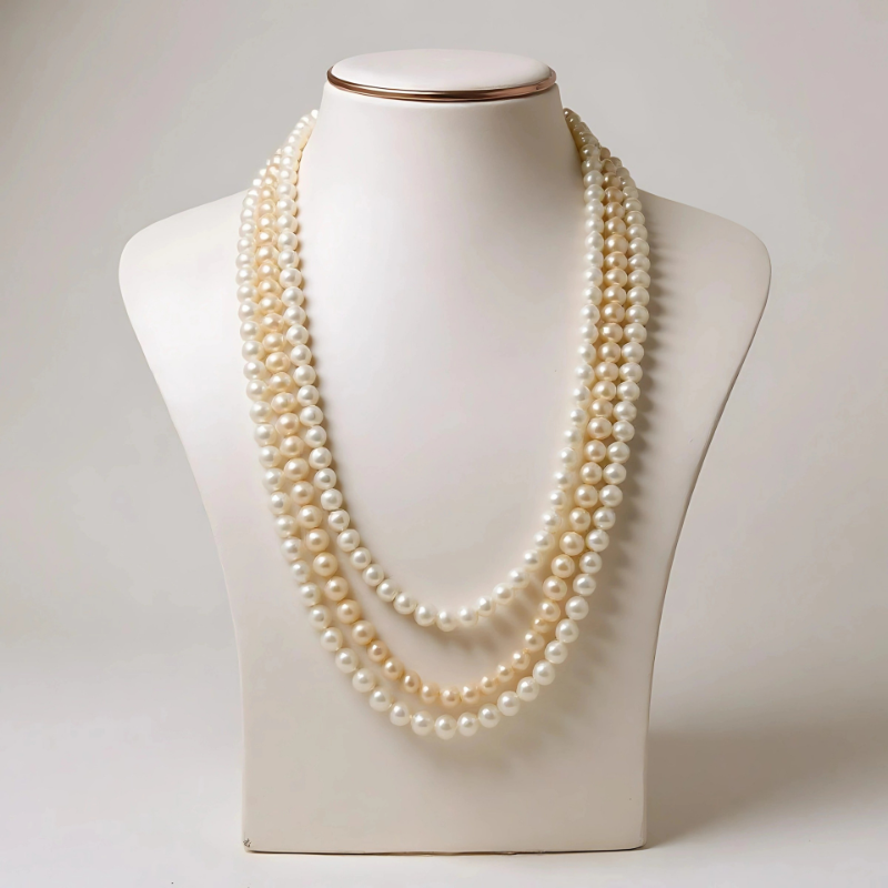 Pink & White Round Pearls 3 Lines Mala
