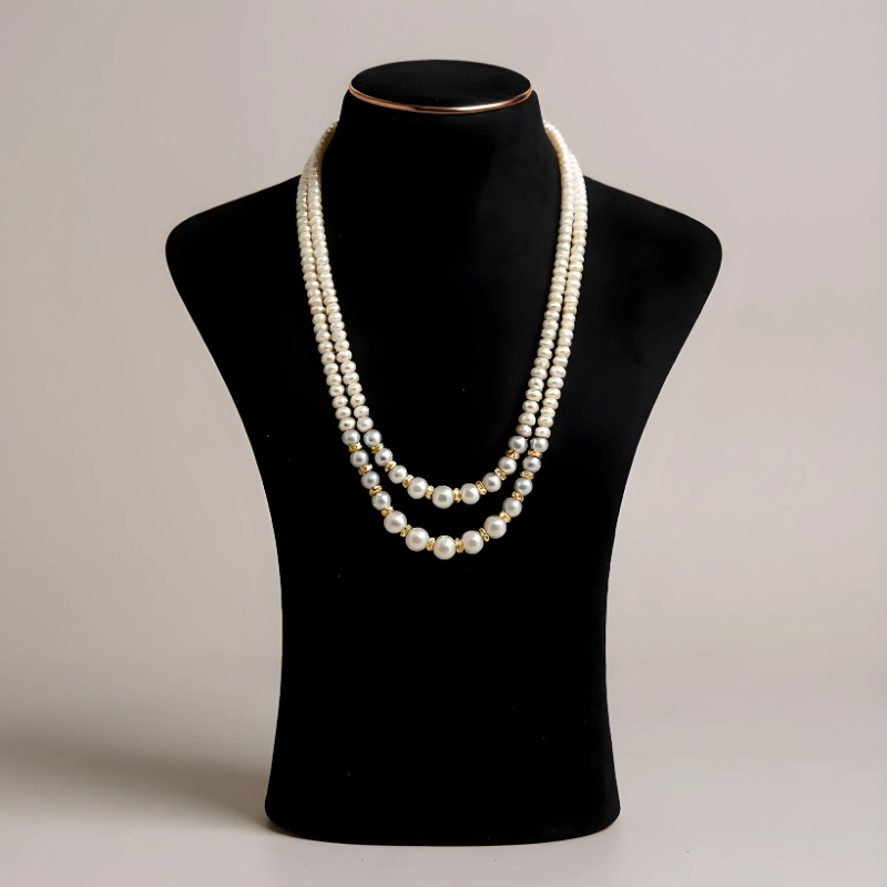 Royal Two-Line Pearl Mala with Grey Accents