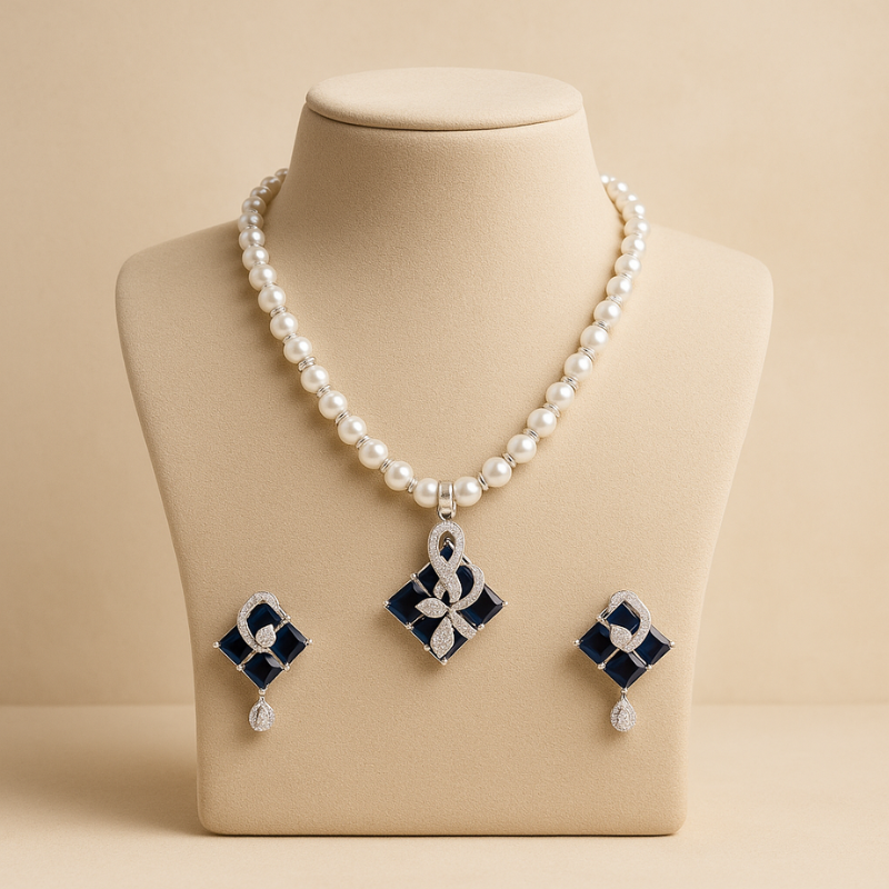 Indira Blue Pendant Set- Single Line Pearl Strand