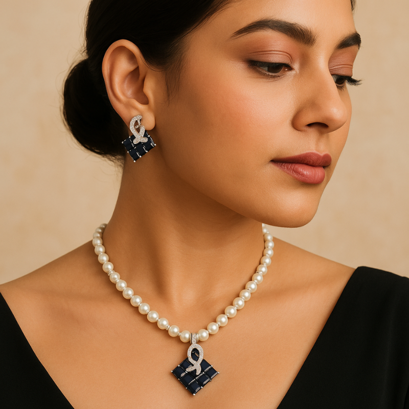 Indira Blue Pendant Set- Single Line Pearl Strand