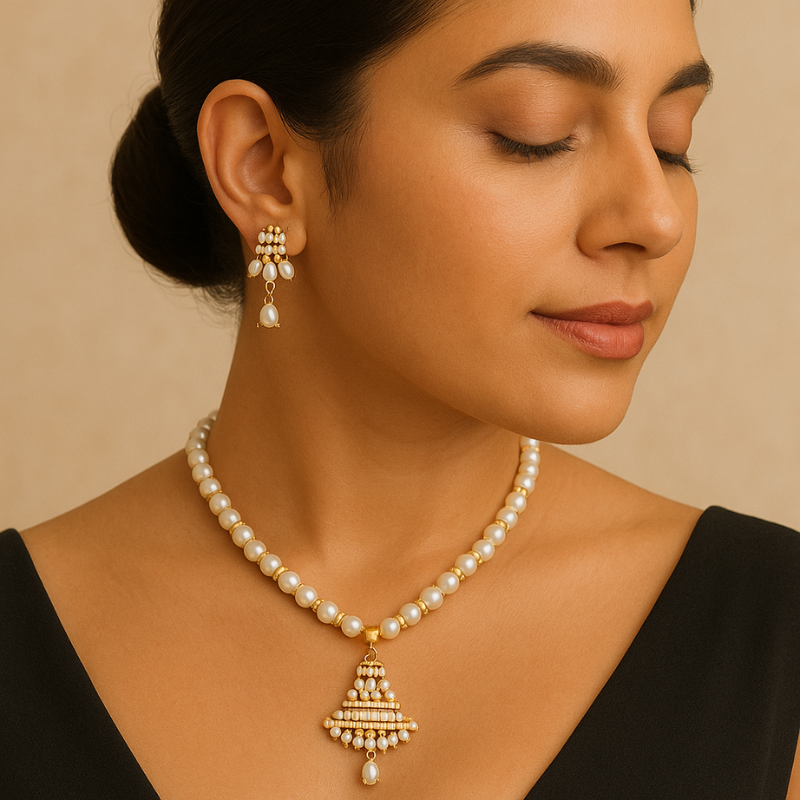 Tulip Pendant Set-Single Line Pearl Set