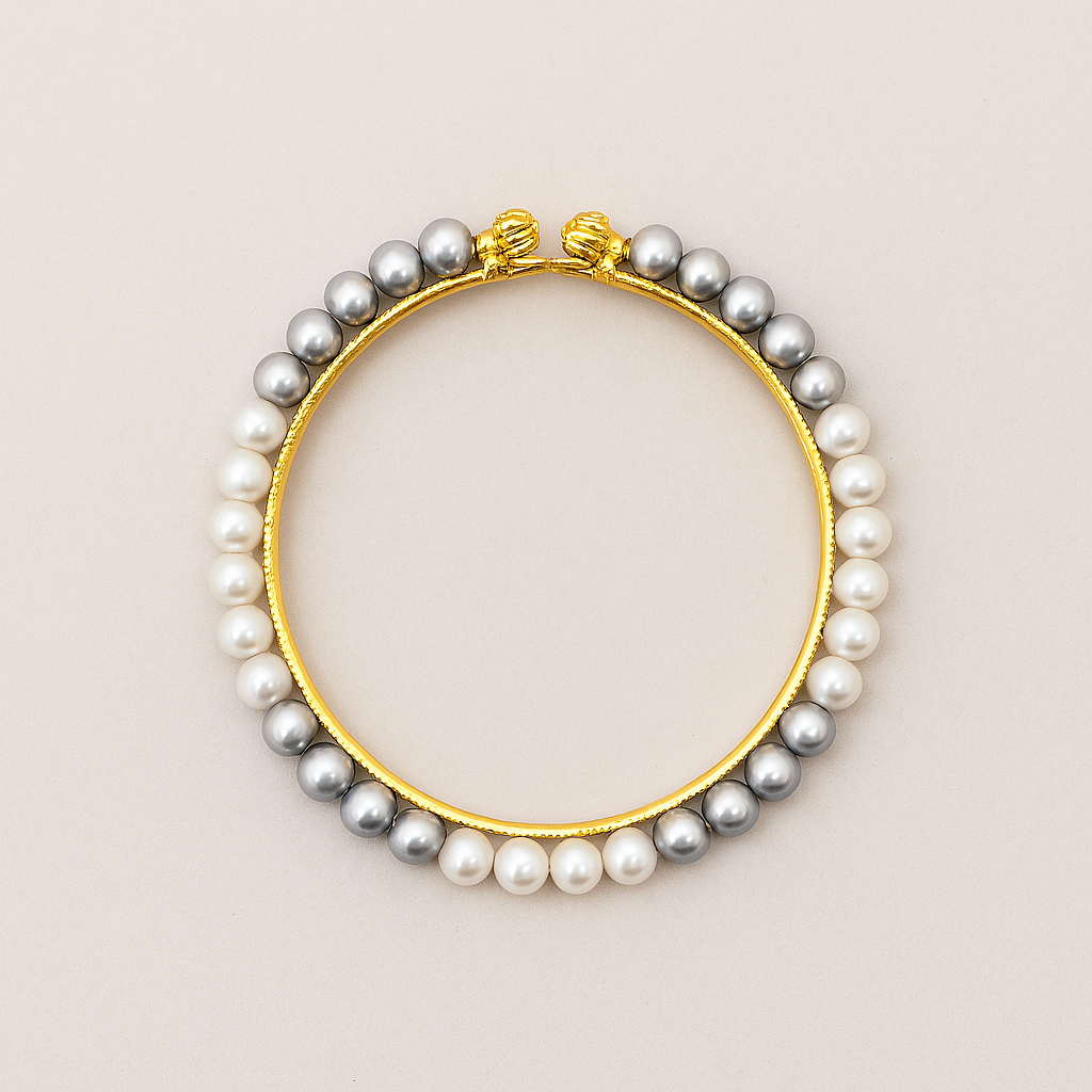 Two-Tone Pearl Bangle – White & Grey Elegance