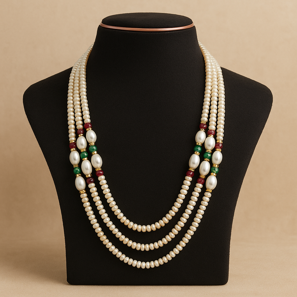Grand Three-Line Pearl Mala with Rice Accents