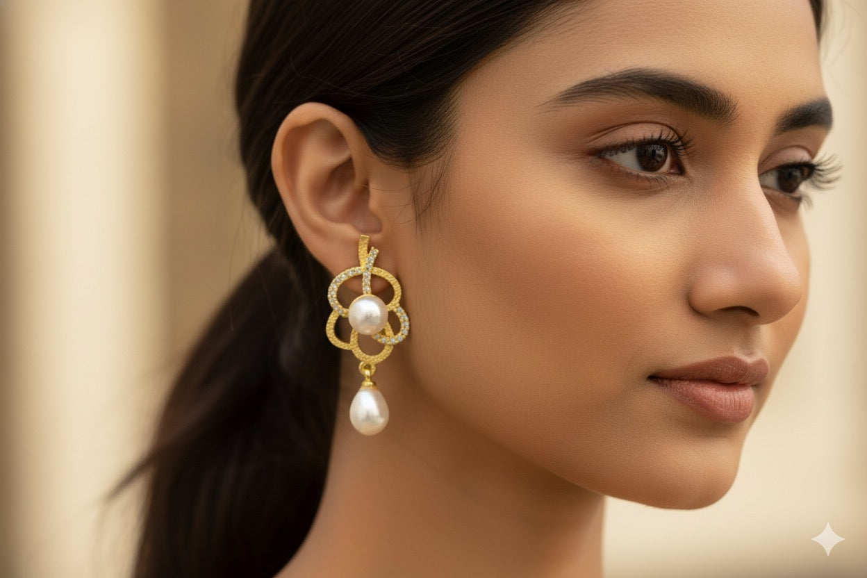 Pave Clover Loop Pearl Dangles