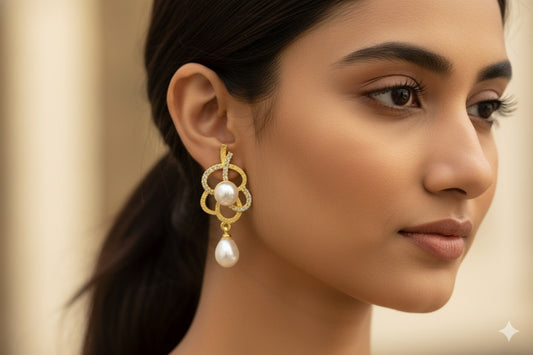 Pave Clover Loop Pearl Dangles