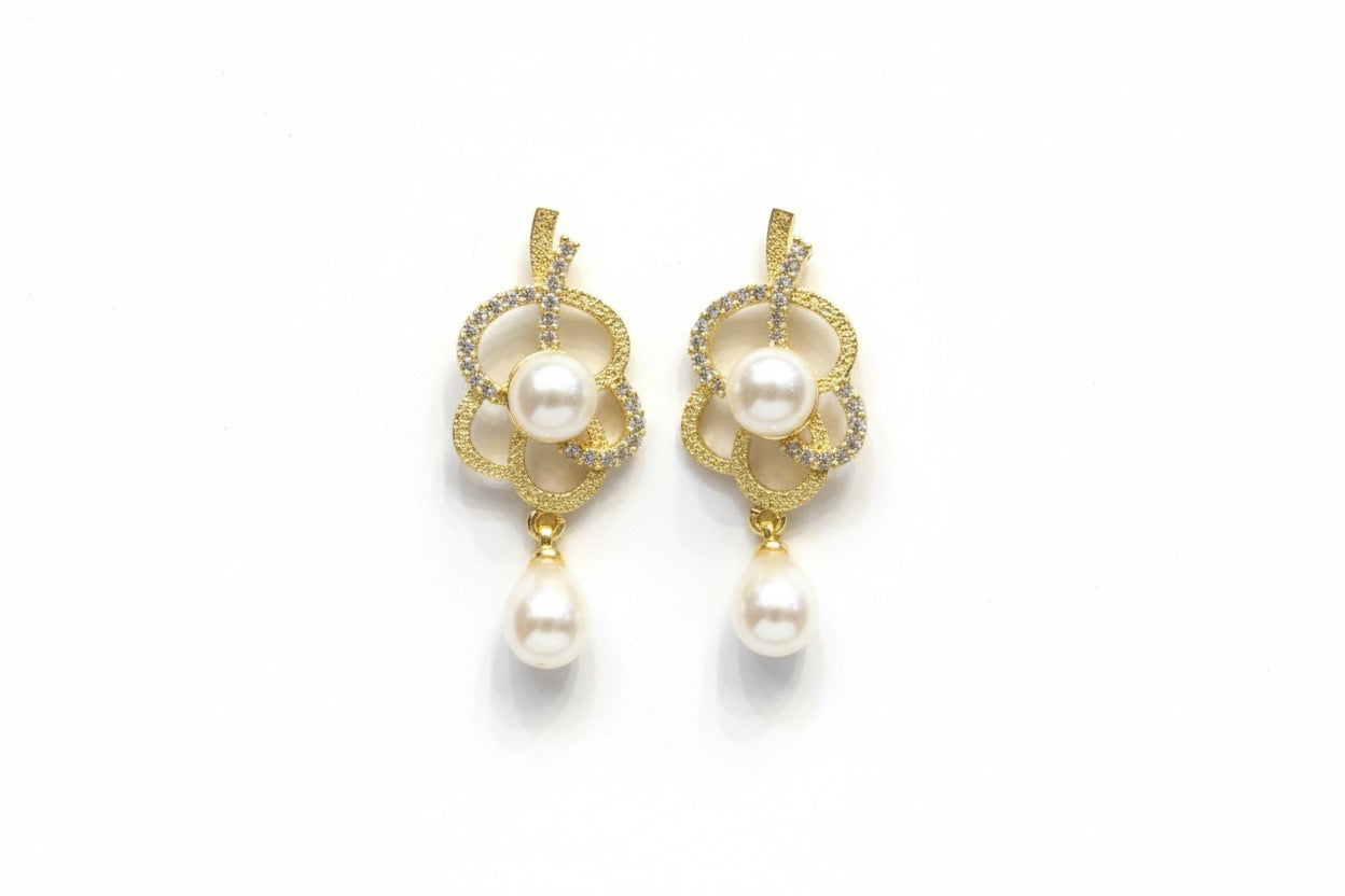 Pave Clover Loop Pearl Dangles