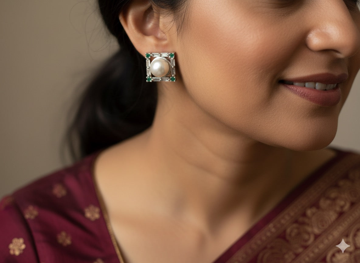 Art Deco Emerald Frame Pearl Studs