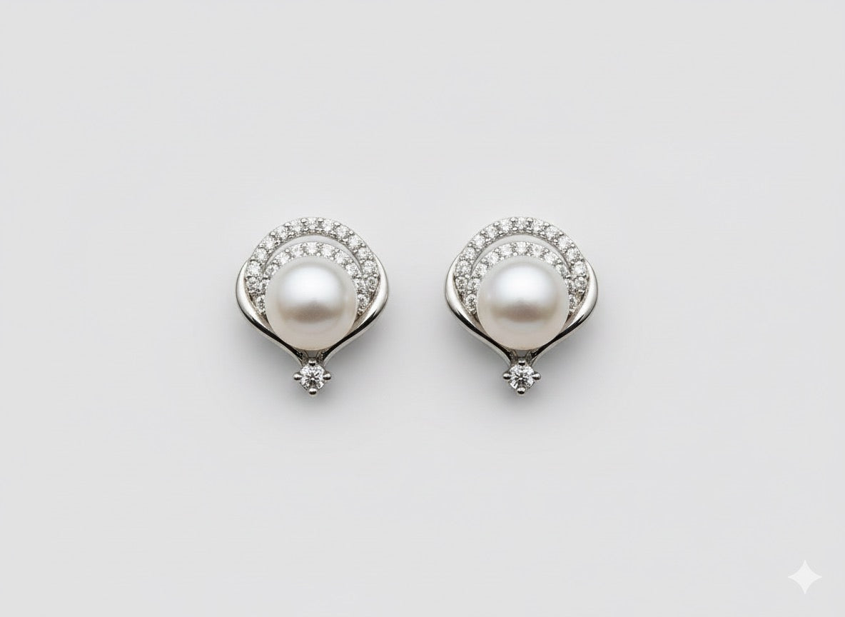 Double Halo Pave Pearl Studs