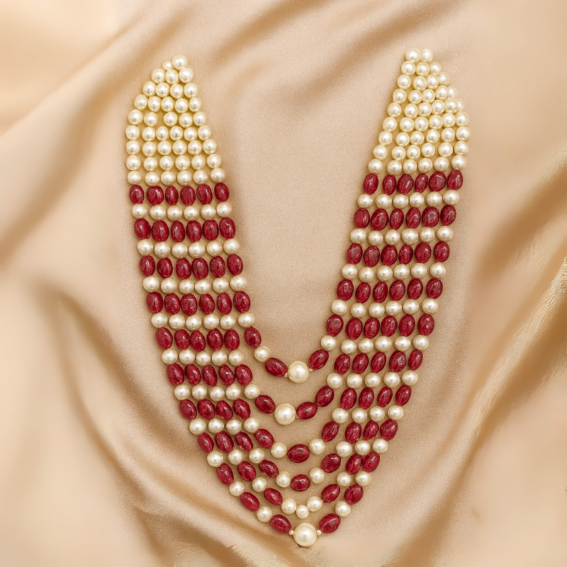 Round Pearls with Ruby Beads – 5 Lines Mala