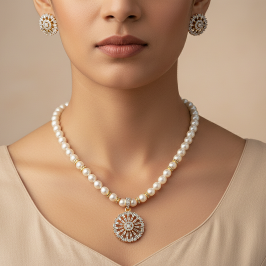 Surya Pendant Set (Single Line Pearl Strand)