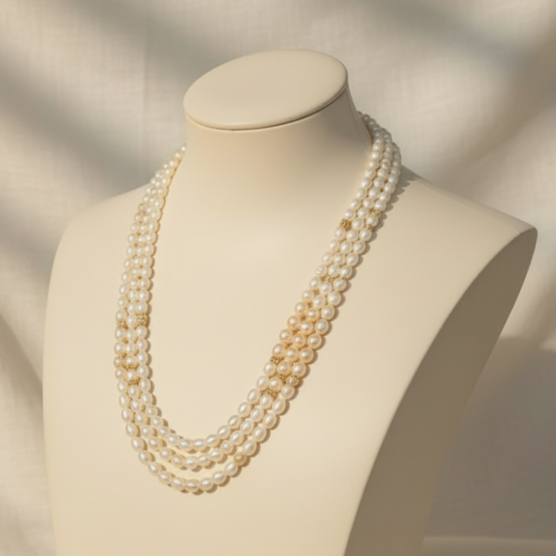 Rice With Pink Round Combination 3 Lines Mala