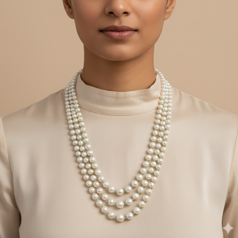 Freshwater Pearl Mala with Emerald Beads