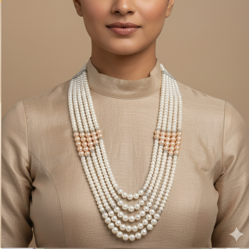Blush and Ivory- Five Line Pearl Mala