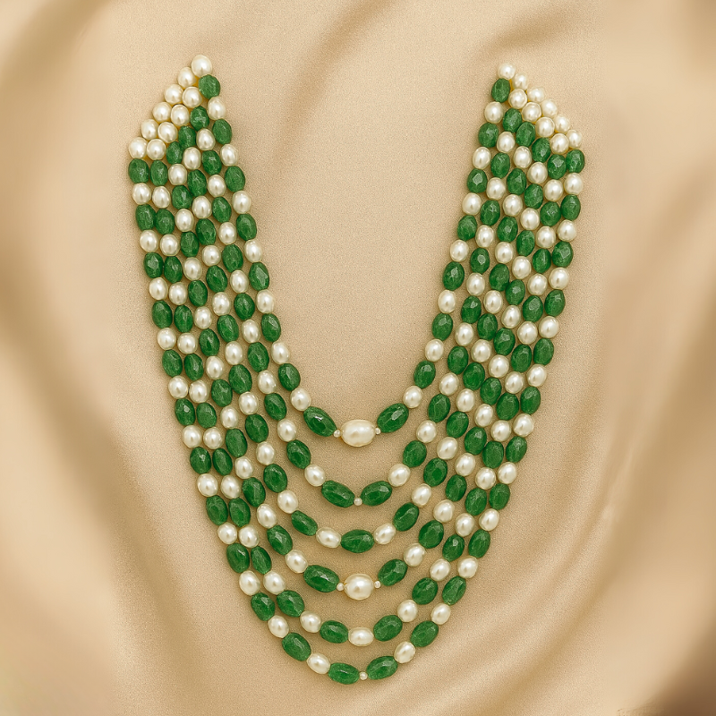 Round Pearls With EM Beads 5 Lines Mala