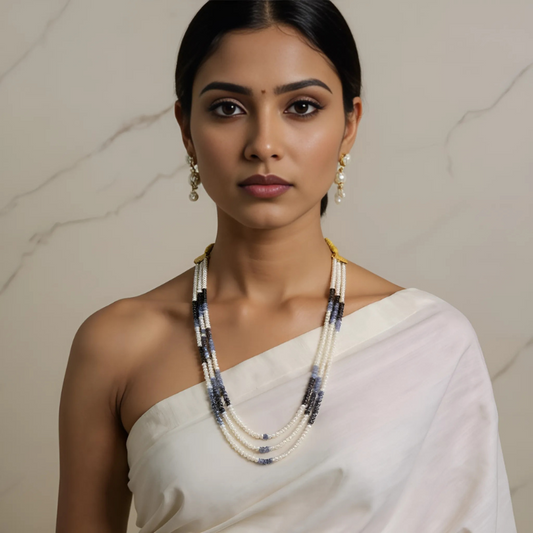 Classic Three-Line Pearl Mala with Blue Beads