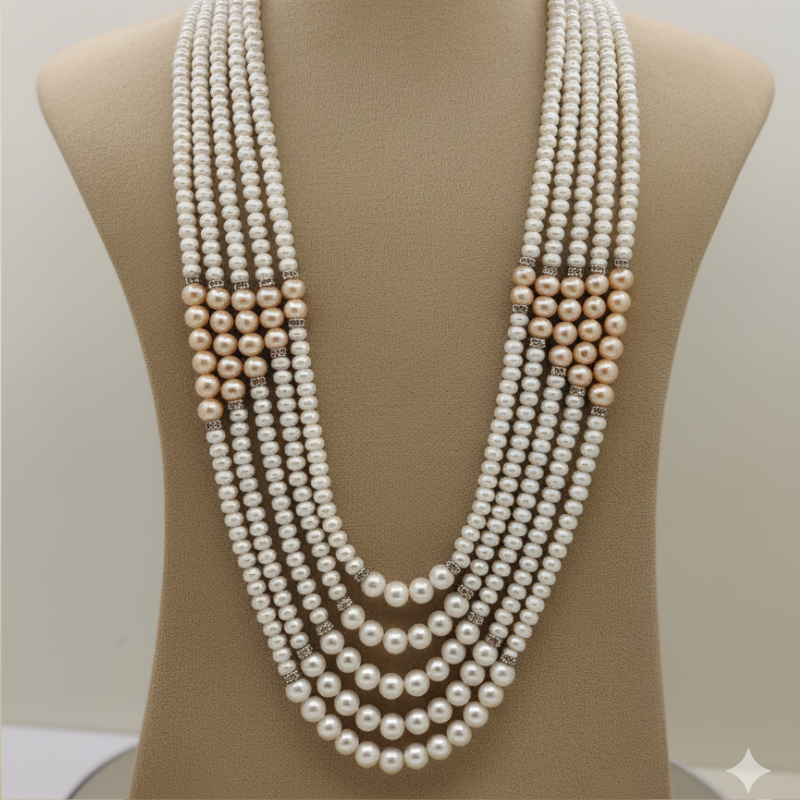 Blush and Ivory- Five Line Pearl Mala