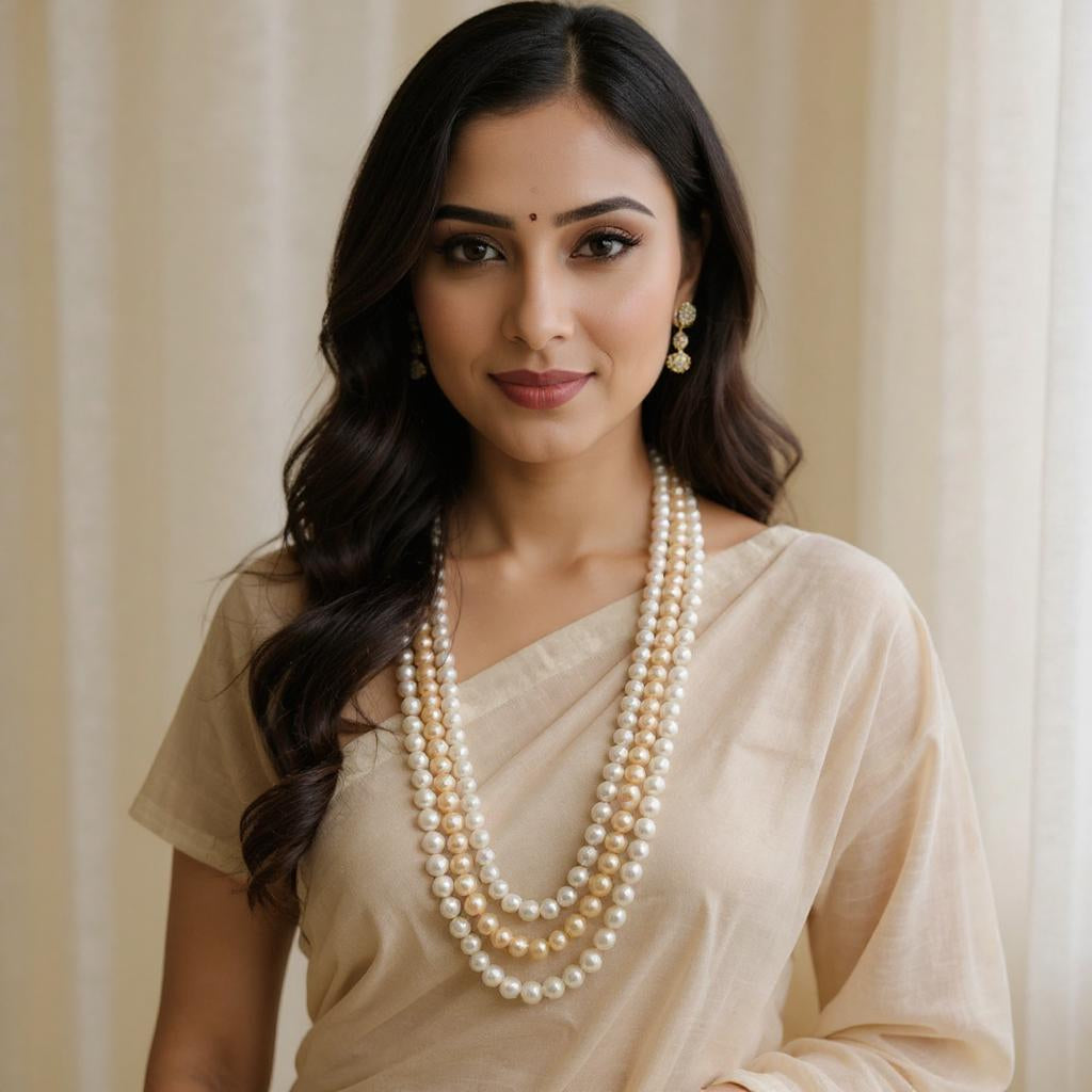 Pink & White Round Pearls 3 Lines Mala