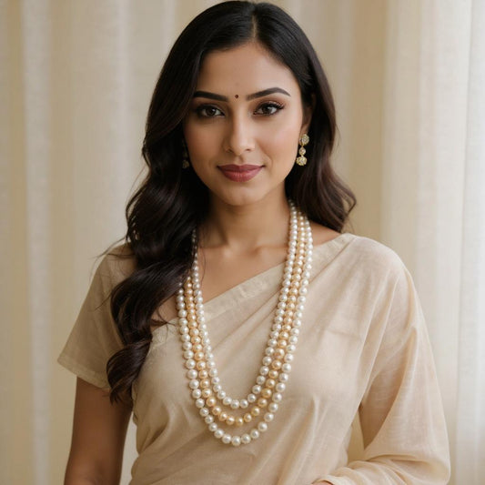 Pink & White Round Pearls 3 Lines Mala