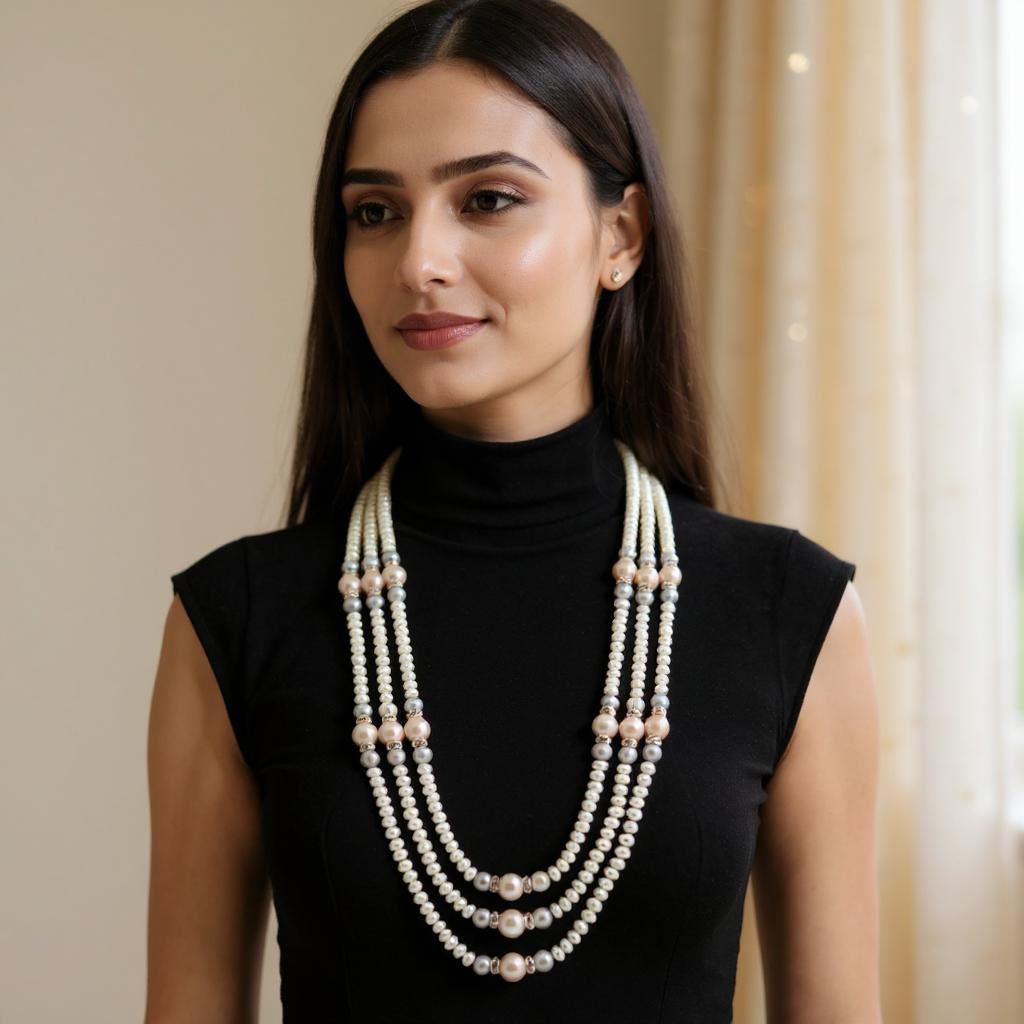 FLAT & PINK PEARLS 3 LINES MALA