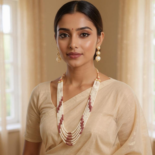 Majestic Five-Line Pearl Mala with Ruby Beads