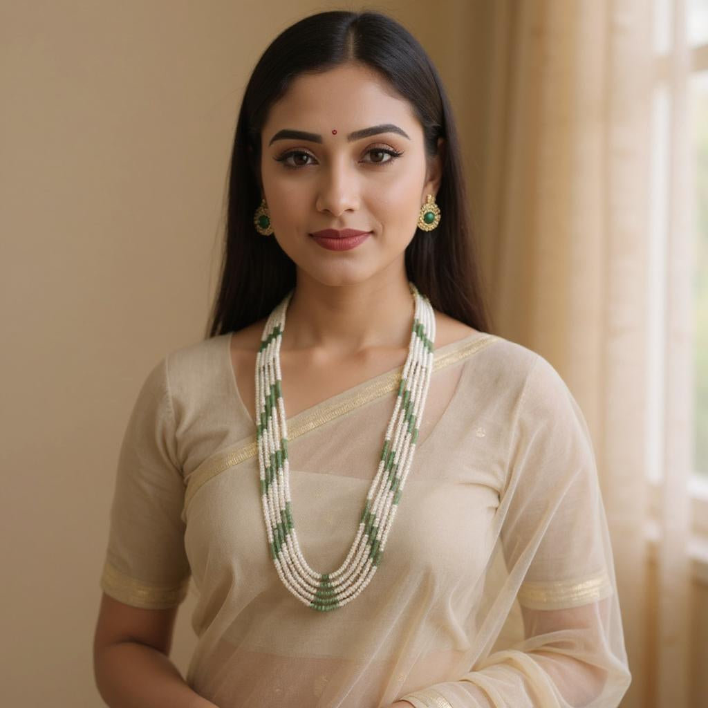 Heritage Five-Line Pearl Mala with Emerald Accents