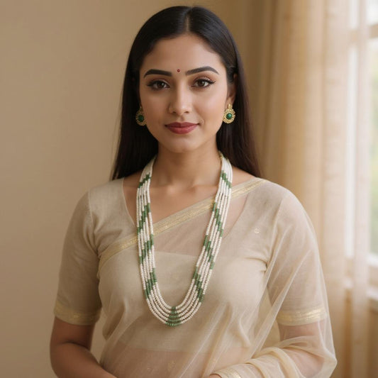 Heritage Five-Line Pearl Mala with Emerald Accents