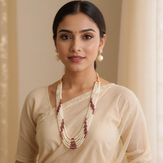 Majestic Five-Line Pearl Mala with Ruby Combination